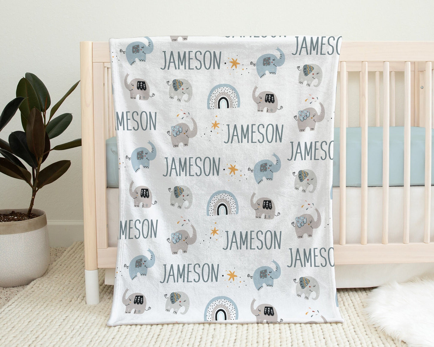Personalized Boho Elephant baby name blanket