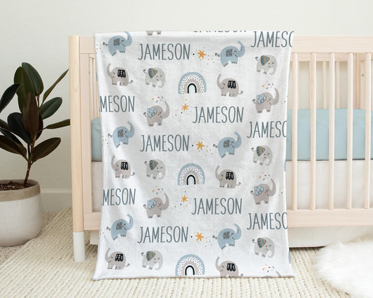 Personalized Boho Elephant baby name blanket