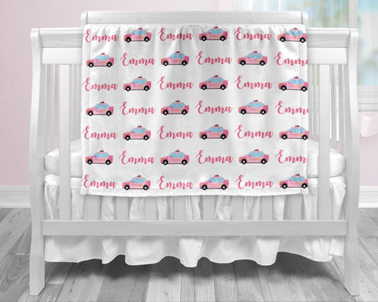 Personalized Police Cars Baby Name Blanket Girl