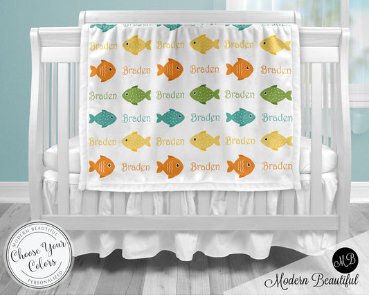 Personalized Cute Fish Baby Name Blanket Boy
