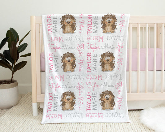 Personalized Hedgehog Baby Name Blanket Girl