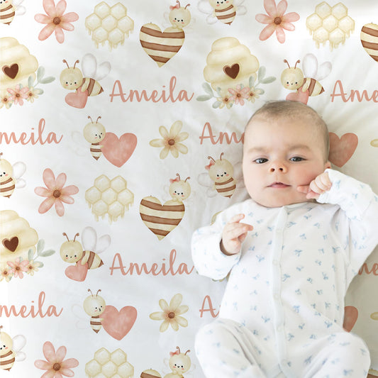 Personalized Bee Hearts Baby Name Blanket