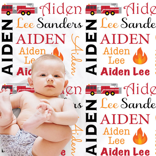 Personalized Fire trucks newborn baby name blanket, boy firetruck personalized blanket with name, fireman baby gift, firefighter baby swaddle, (CHOOSE COLORS)