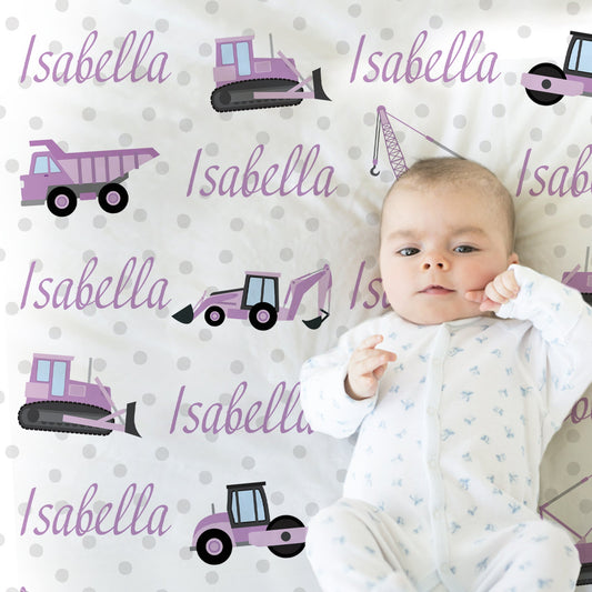 Personalized Purple Construction Baby Name Blanket Girl