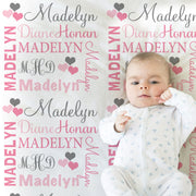 Heart monogram baby blanket, heart personalized girls newborn blanket, pink heart swaddle, girl baby gift, modern beautiful (CHOOSE COLOR)