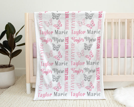 Personalized Butterfly Baby Name Blanket Pink