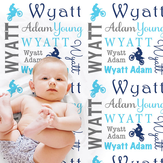 Personalized Motocross Baby Name Blanket Blue