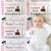 Woodland forest animals baby blanket, personalized forest friends newborn blanket, pink animals girl swaddle with name, animal baby gift