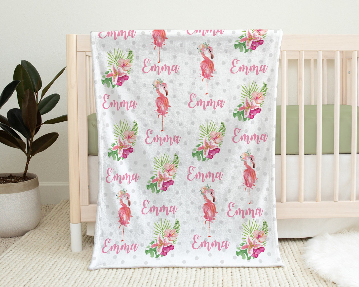 Personalized Flamingos Baby Name Blanket Girl