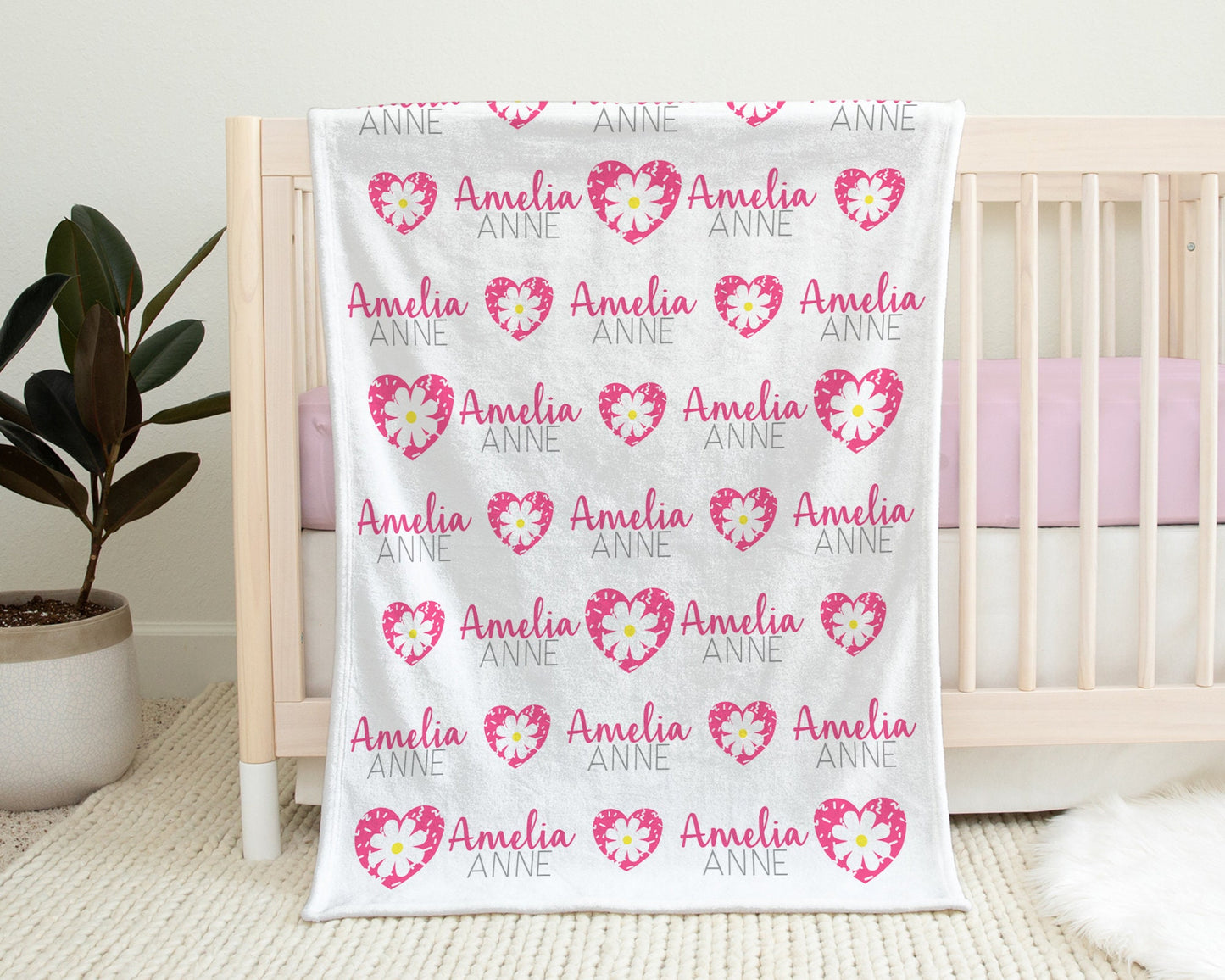Personalized Hearts Baby Name Blanket Pink