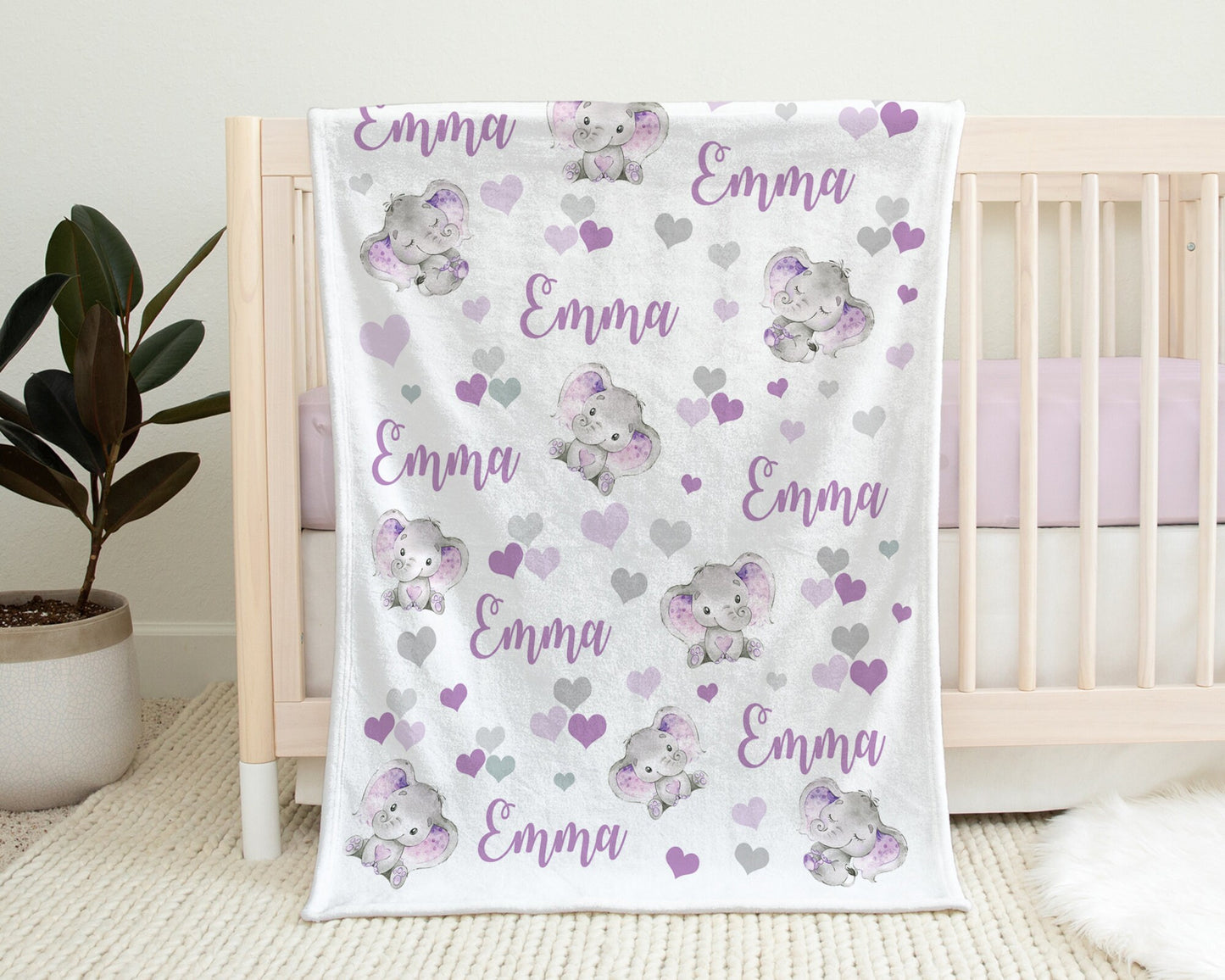 Purple elephant baby blanket with name, personalized hearts newborn blanket, elephant hearts baby swaddle, elephant baby gift, purple gray