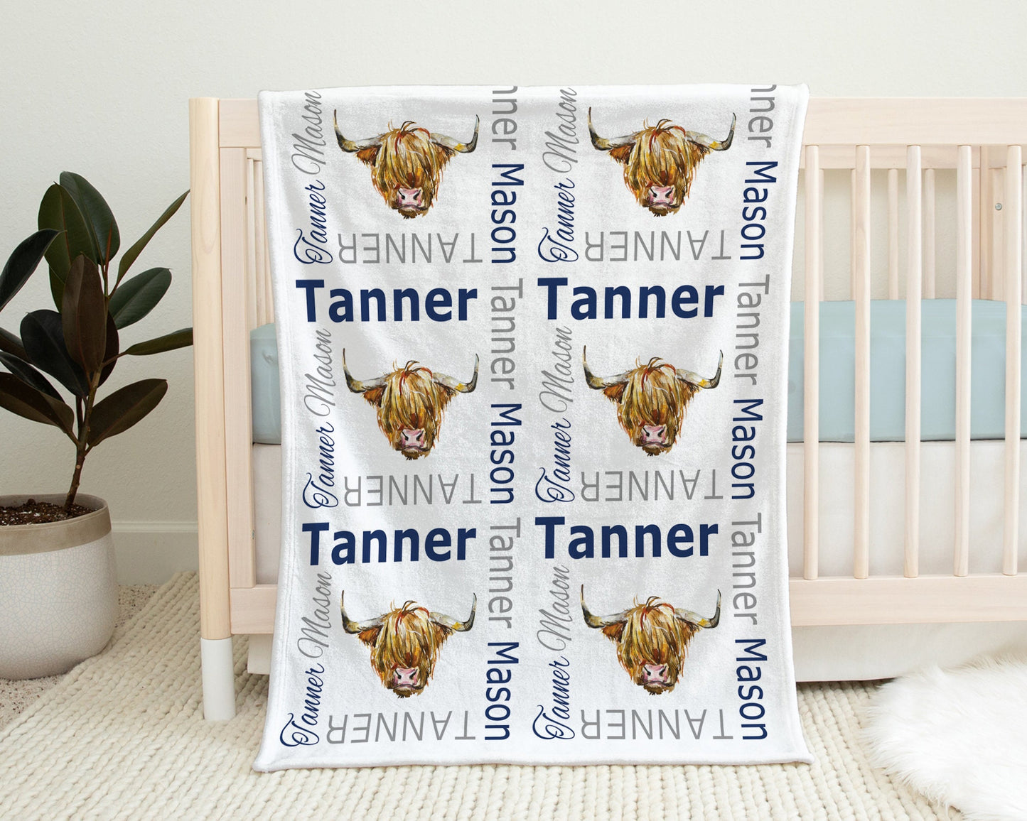 Personalized Highland Cow Boy Baby Name Blanket