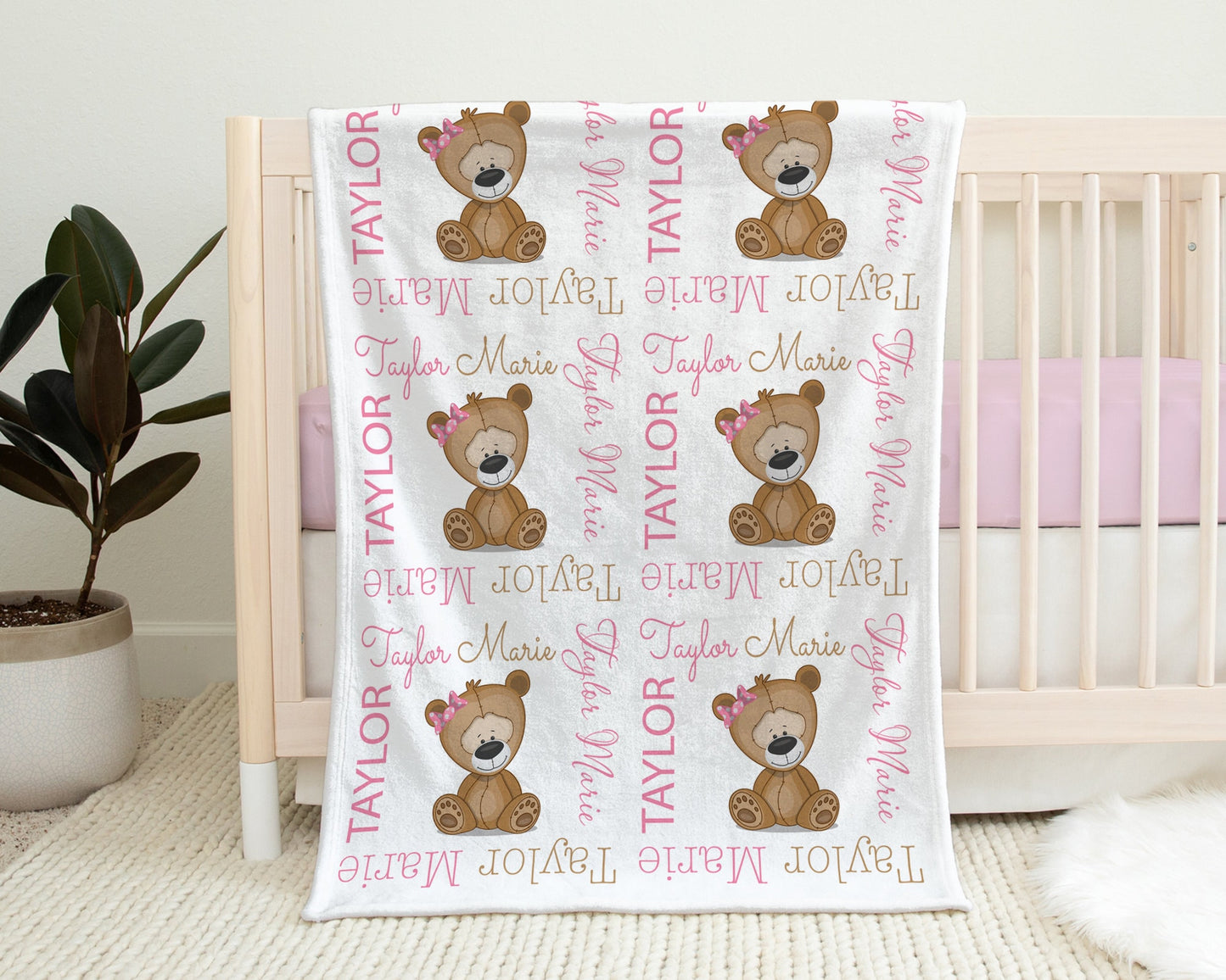 Personalized Cute Teddy Bear Baby Name Blanket Girl