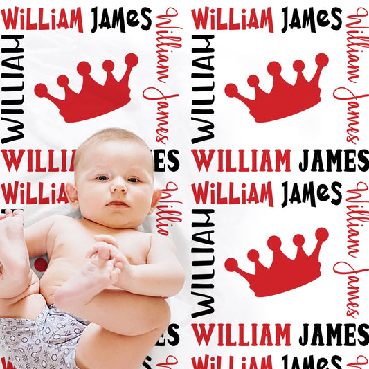 Personalized Prince Crown Baby Name Blanket Red