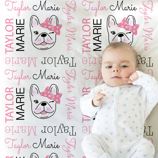 Personalized French Bulldog Pink Bow Baby Name Blanket Girl