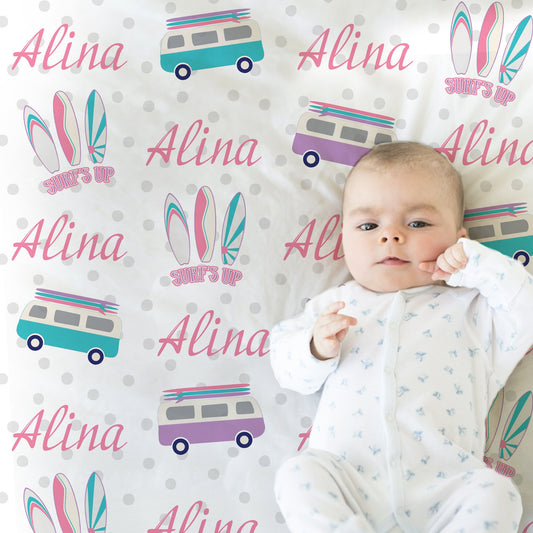 Personalized Surfer Baby Name Blanket Girl