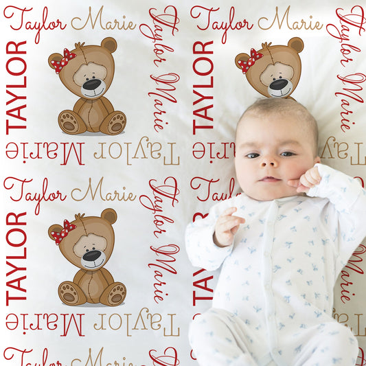 Personalized Teddy Bear Baby Name Blanket Girl