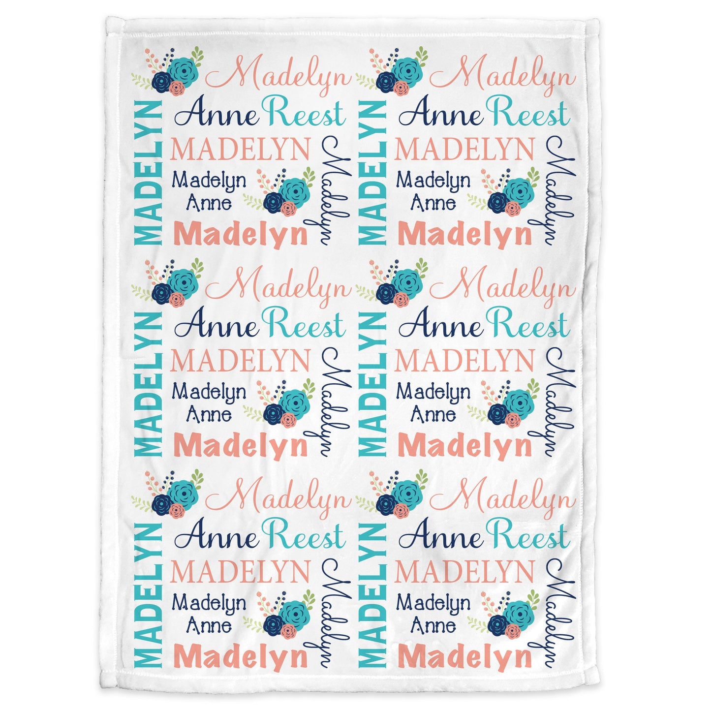 Flower baby blanket, personalized newborn blanket with name, floral coral and navy baby girl gift, chic flowers swaddle blanket