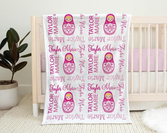 Personalized Russian Nesting Doll Baby Name Blanket Girl