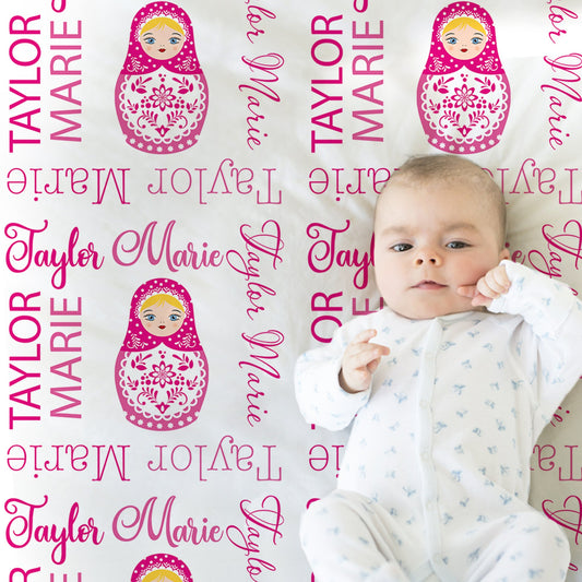 Personalized Russian Nesting Doll Baby Name Blanket Girl