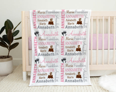 Woodland forest animals baby blanket, personalized forest friends newborn blanket, pink animals girl swaddle with name, animal baby gift
