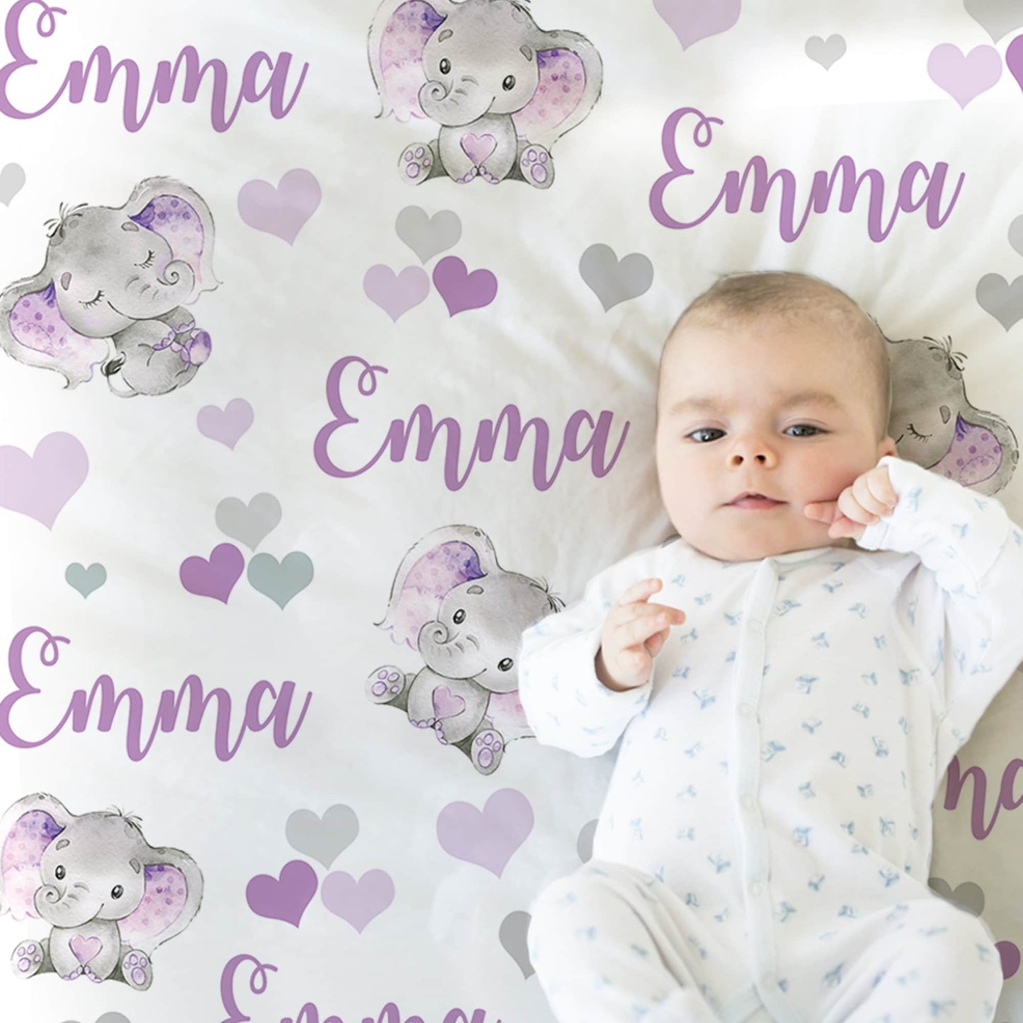 Purple elephant baby blanket with name, personalized hearts newborn blanket, elephant hearts baby swaddle, elephant baby gift, purple gray