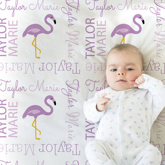 Personalized Flamingo Purple Baby Name Blanket Girl