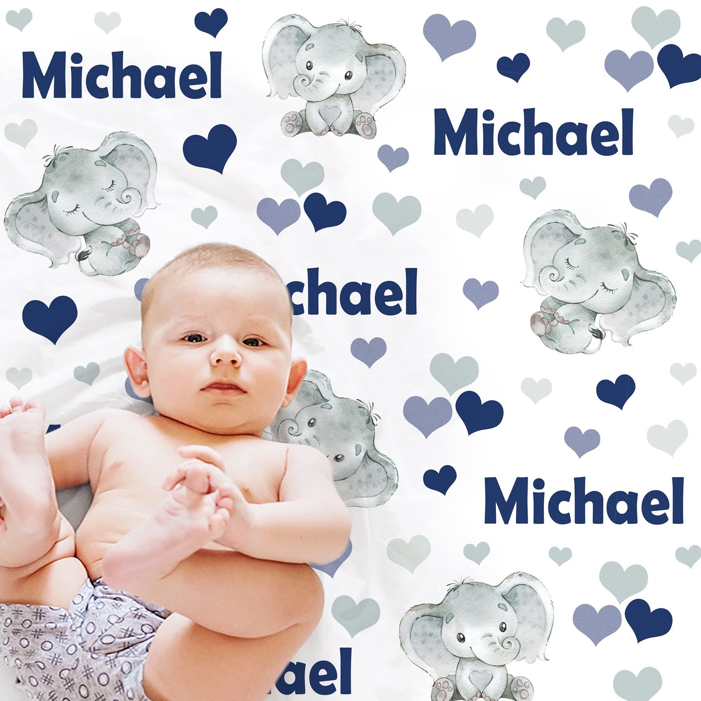 Personalized Elephant Hearts Blanket, Navy