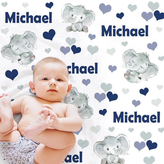 Personalized Elephant Hearts Blanket, Navy