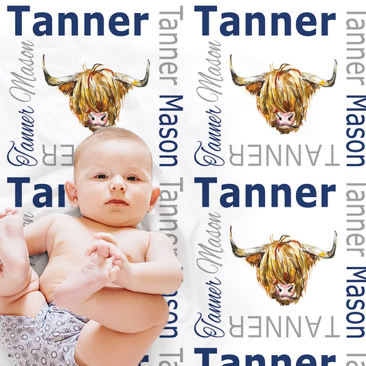 Personalized Highland Cow Baby Name Blanket Boy