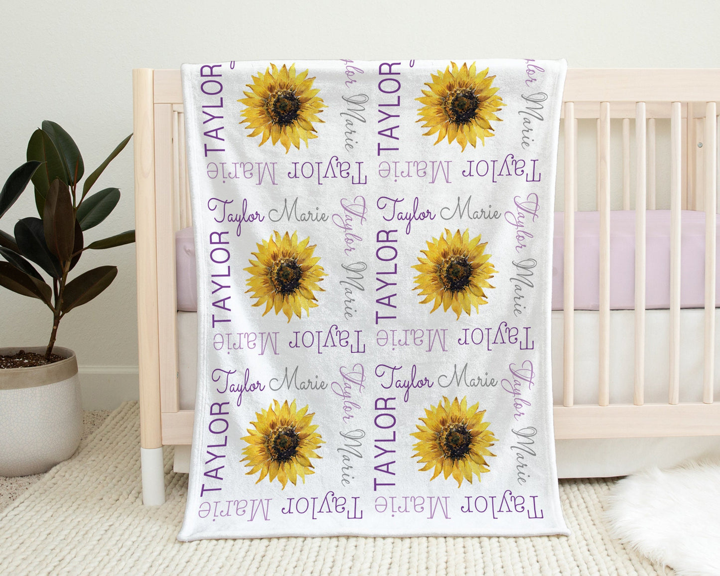Personalized Sunflowers Purple Baby Name Blanket Girl