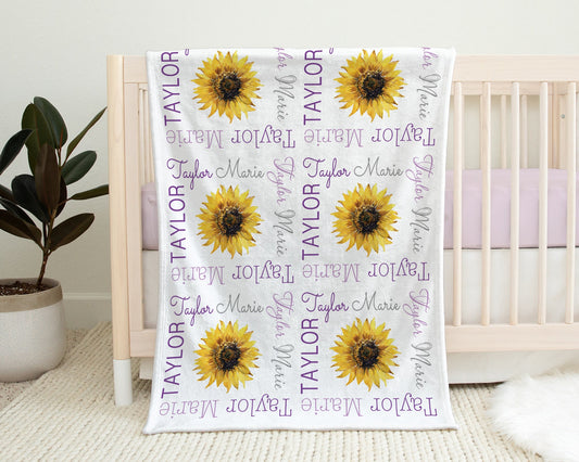 Personalized Sunflowers Purple Baby Name Blanket Girl
