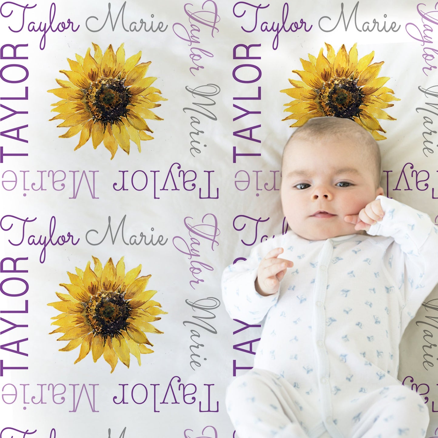 Personalized Sunflowers Purple Baby Name Blanket Girl