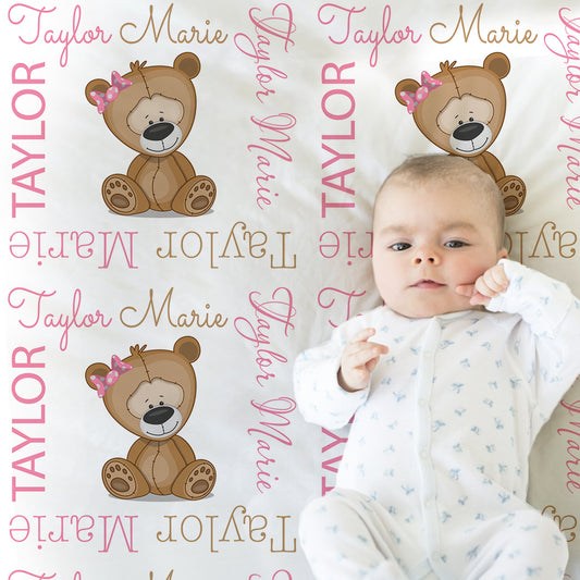 Personalized Cute Teddy Bear Baby Name Blanket Girl