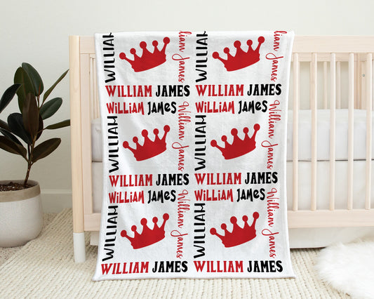 Personalized Prince Crown Baby Name Blanket Red