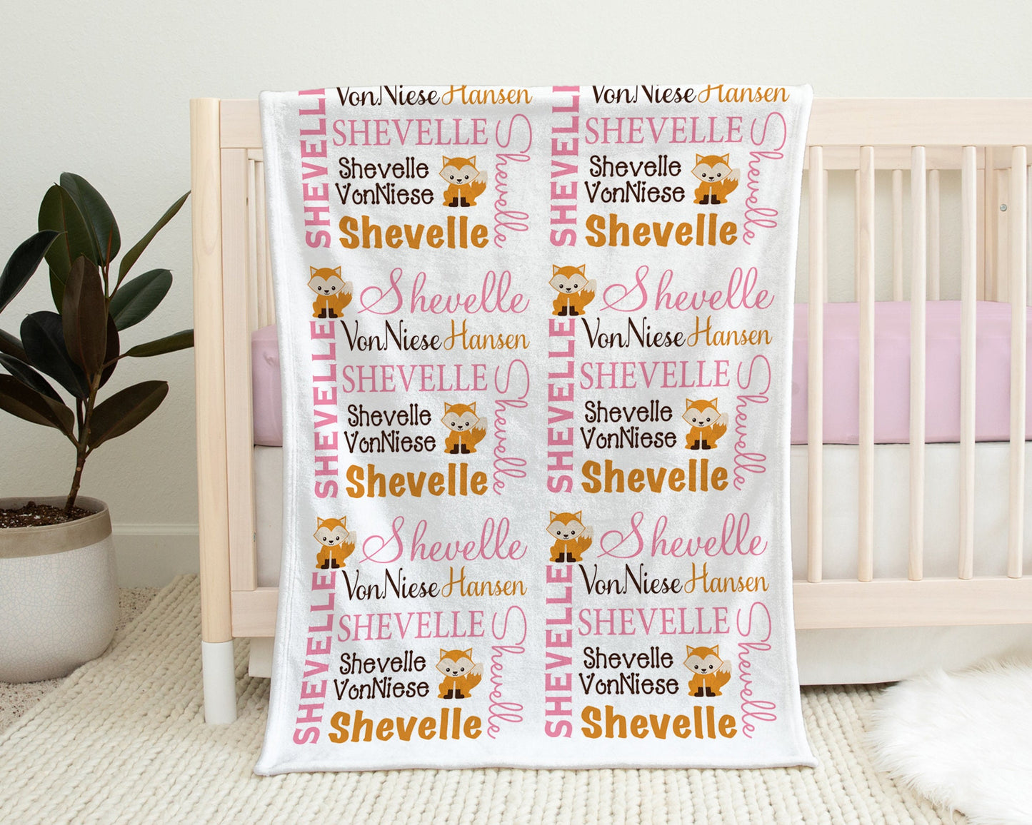 Personalized Pink Fox Baby Name Blanket Girl