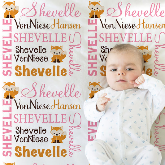 Personalized Pink Fox Baby Name Blanket Girl