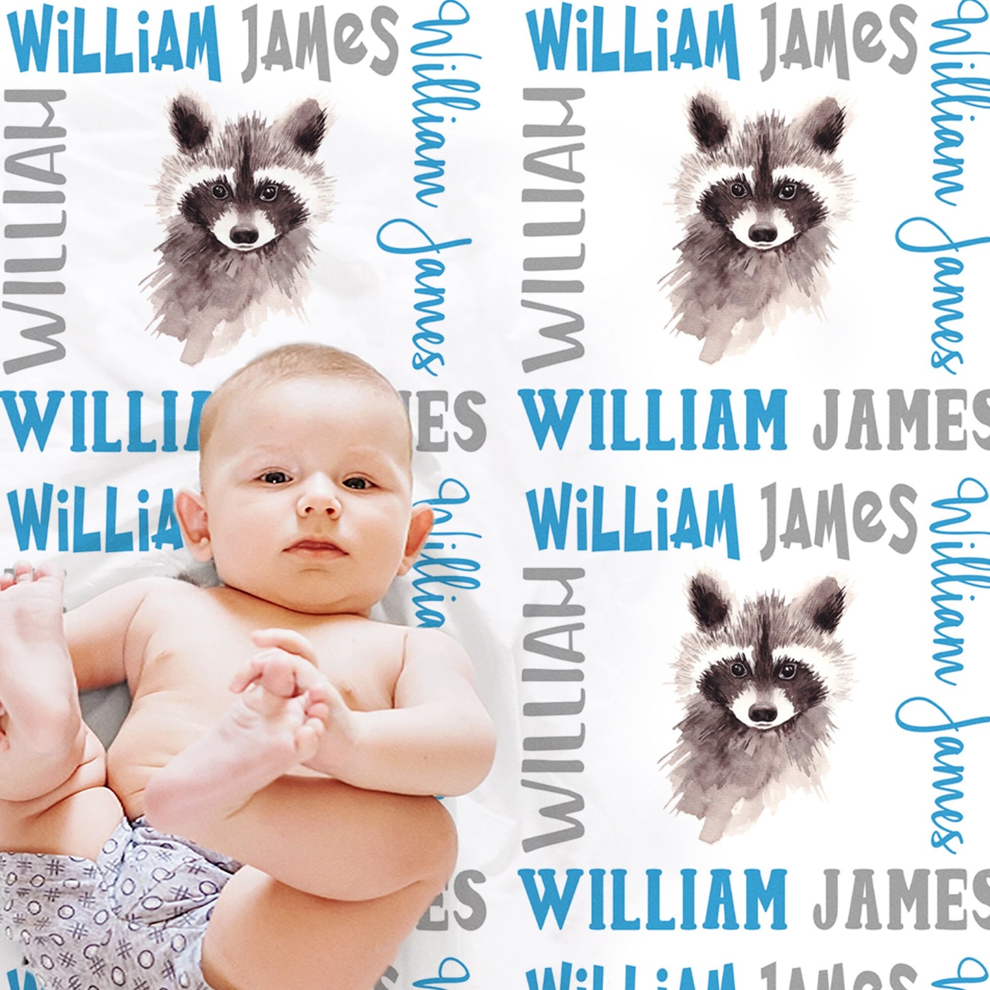 Personalized Raccoon baby name blanket
