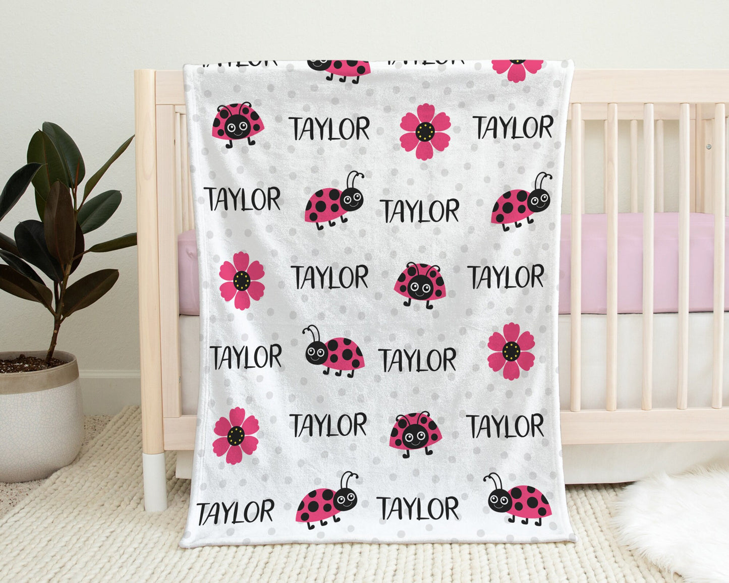 Personalized LadyBug and Flowers Baby Name Blanket Girl