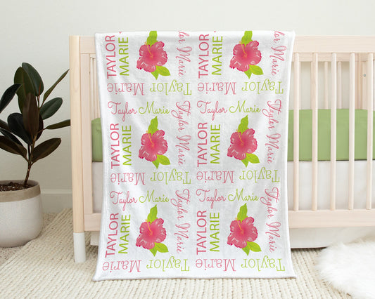 Personalized Hawaiian Hibiscus Flower Baby Name Blanket Girl