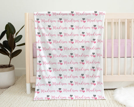 Baby blanket with hearts, personalized hearts newborn blanket, pink and gray baby girl swaddle, heart theme baby gift, (CHOOSE COLORS)