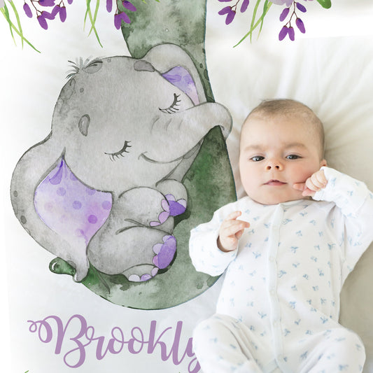 Personalized Purple elephant Baby Name Blanket Girl