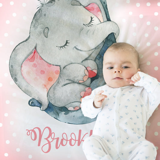 Personalized Baby Elephant Baby Name Blanket Girl