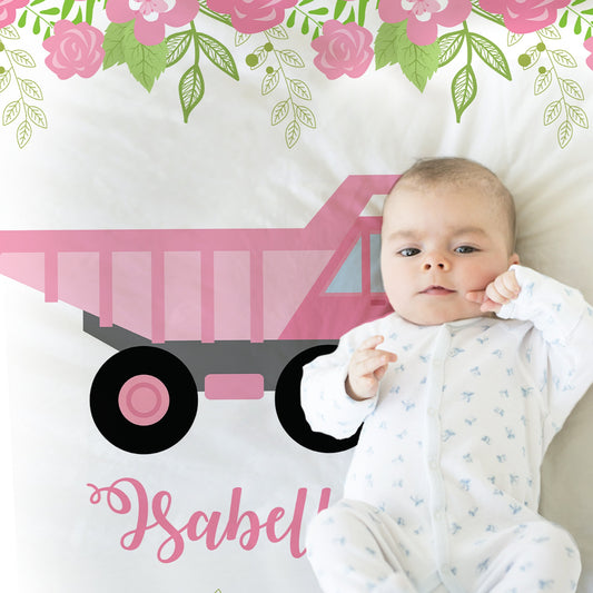 Personalized Dump Truck Baby Name Blanket Girl