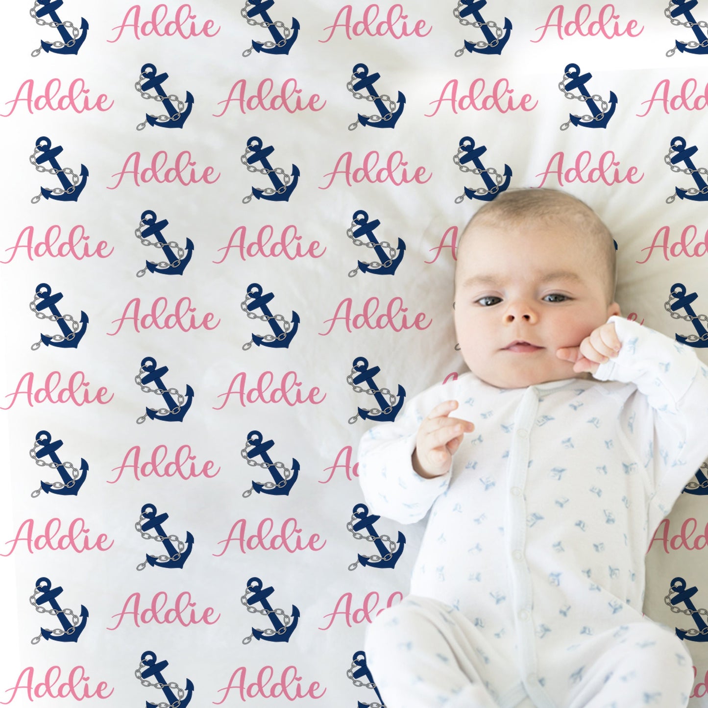 Personalized Nautical Anchor Baby Name Blanket Girl Pink and Navy
