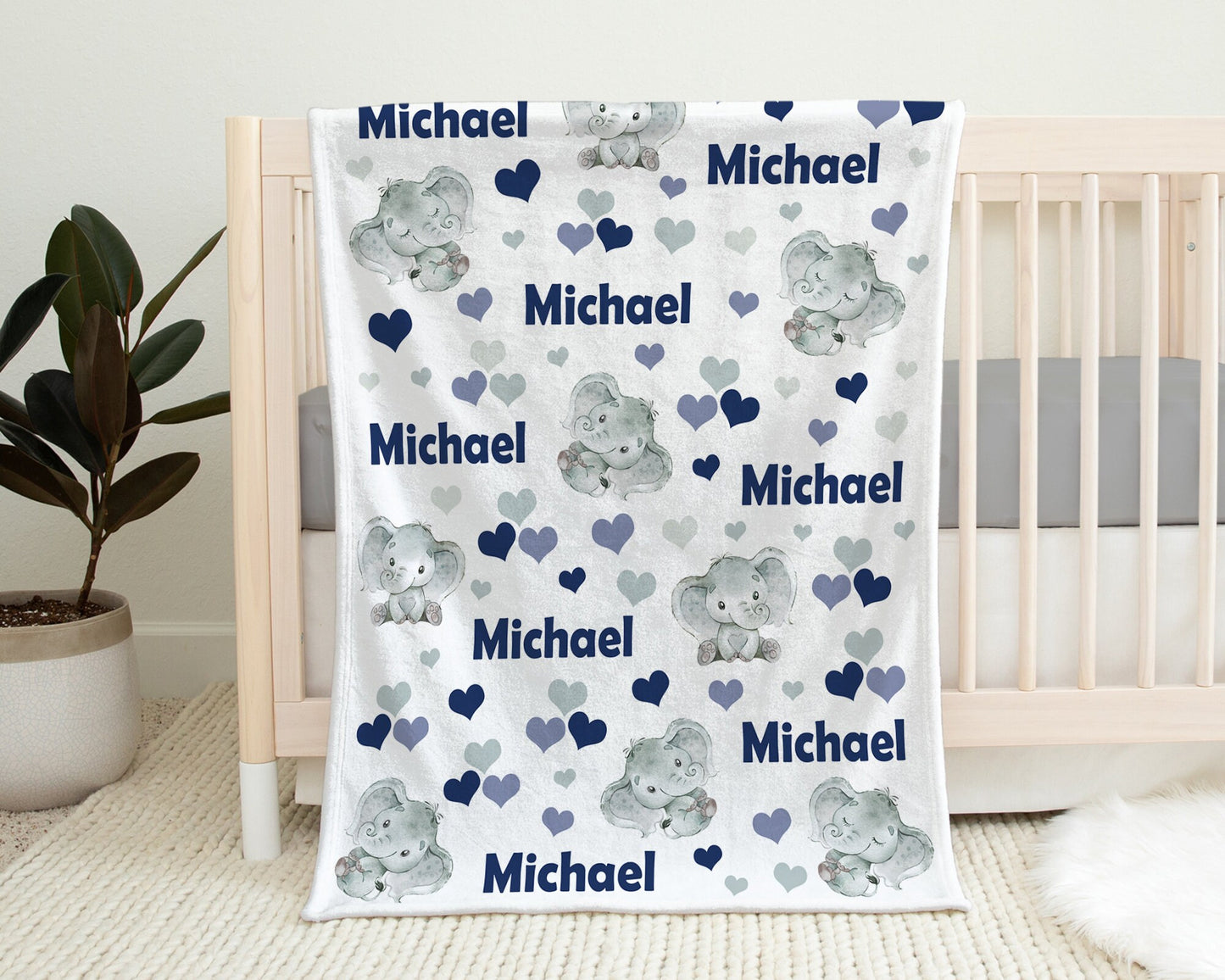 Personalized Elephant Hearts Blanket, Navy