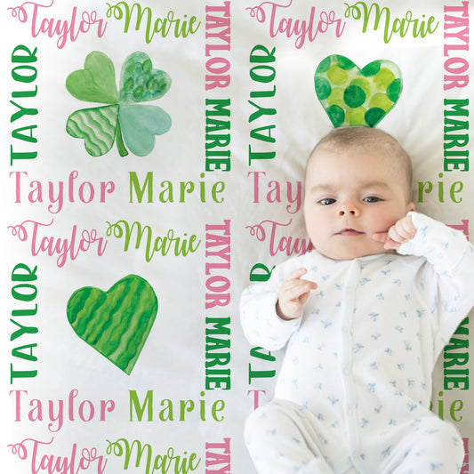 Personalized Shamrock St Patricks Day Baby Name Blanket Girl