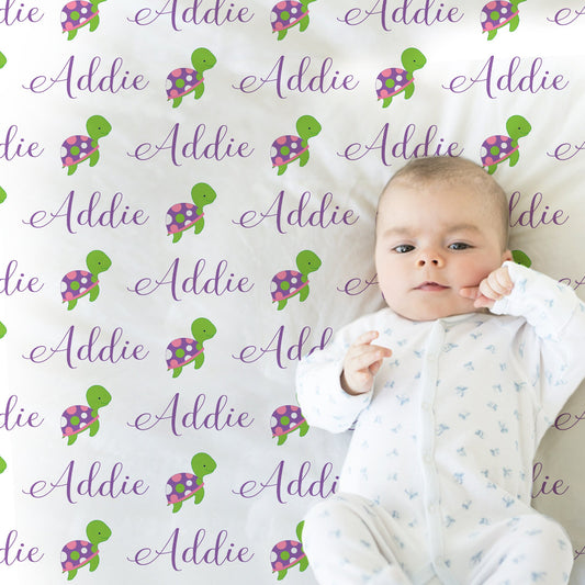 Personalized Turtle Baby Name Blanket Girl