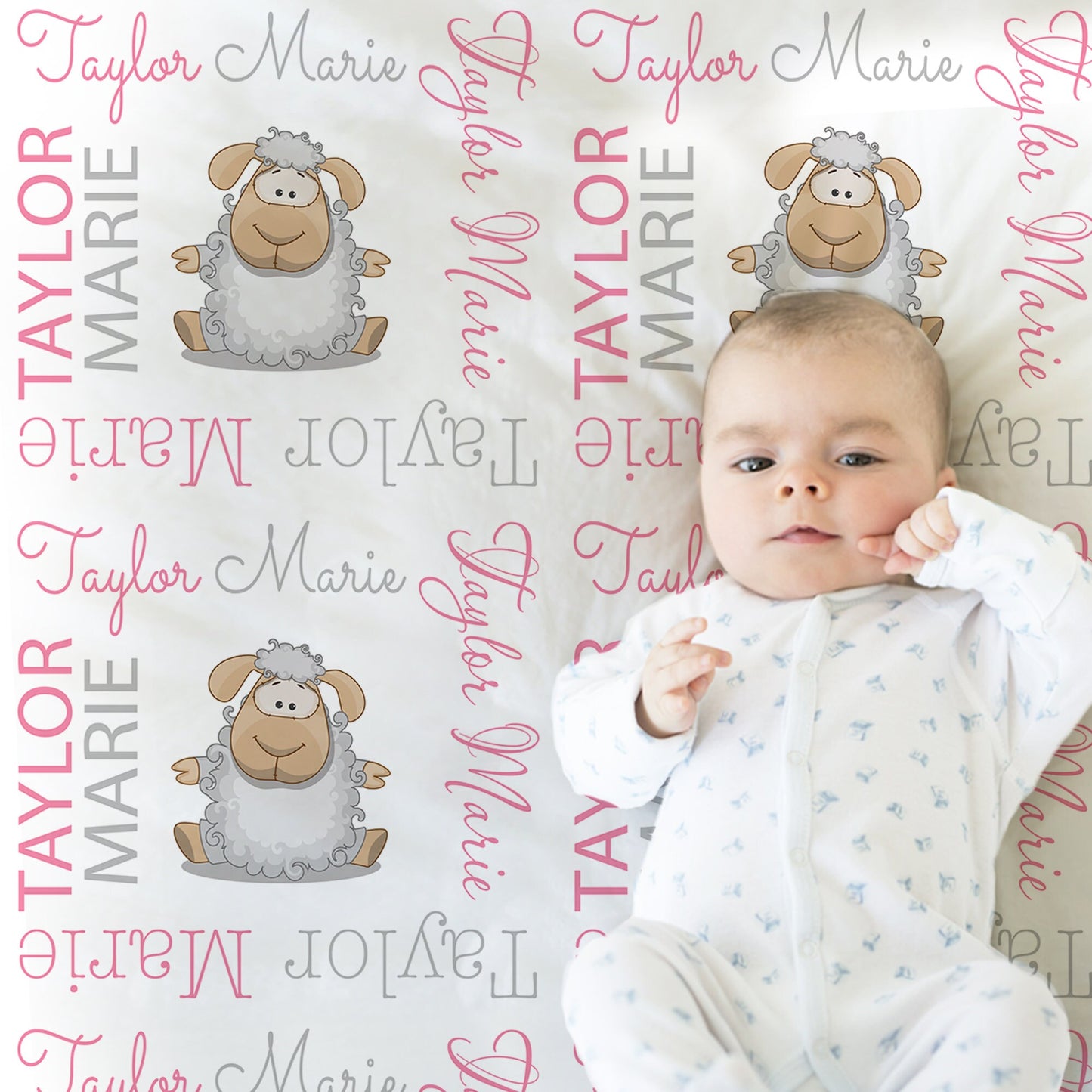 Lamb baby newborn blanket, girl personalized sheep name blanket, pink and gray sheep swaddle blanket, lamb sheep baby gift, (CHOOSE COLORS )
