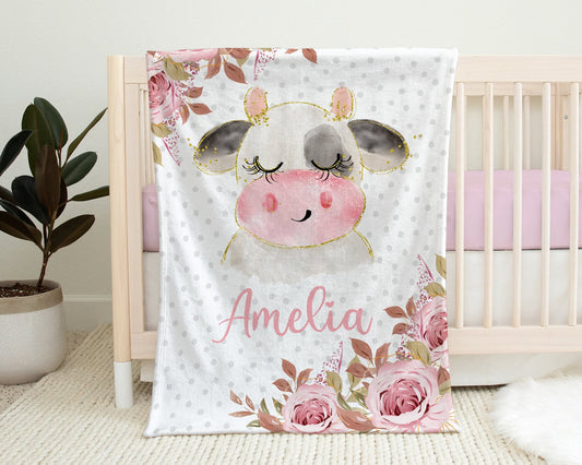 Personalized Cow Flowers Baby Name Blanket